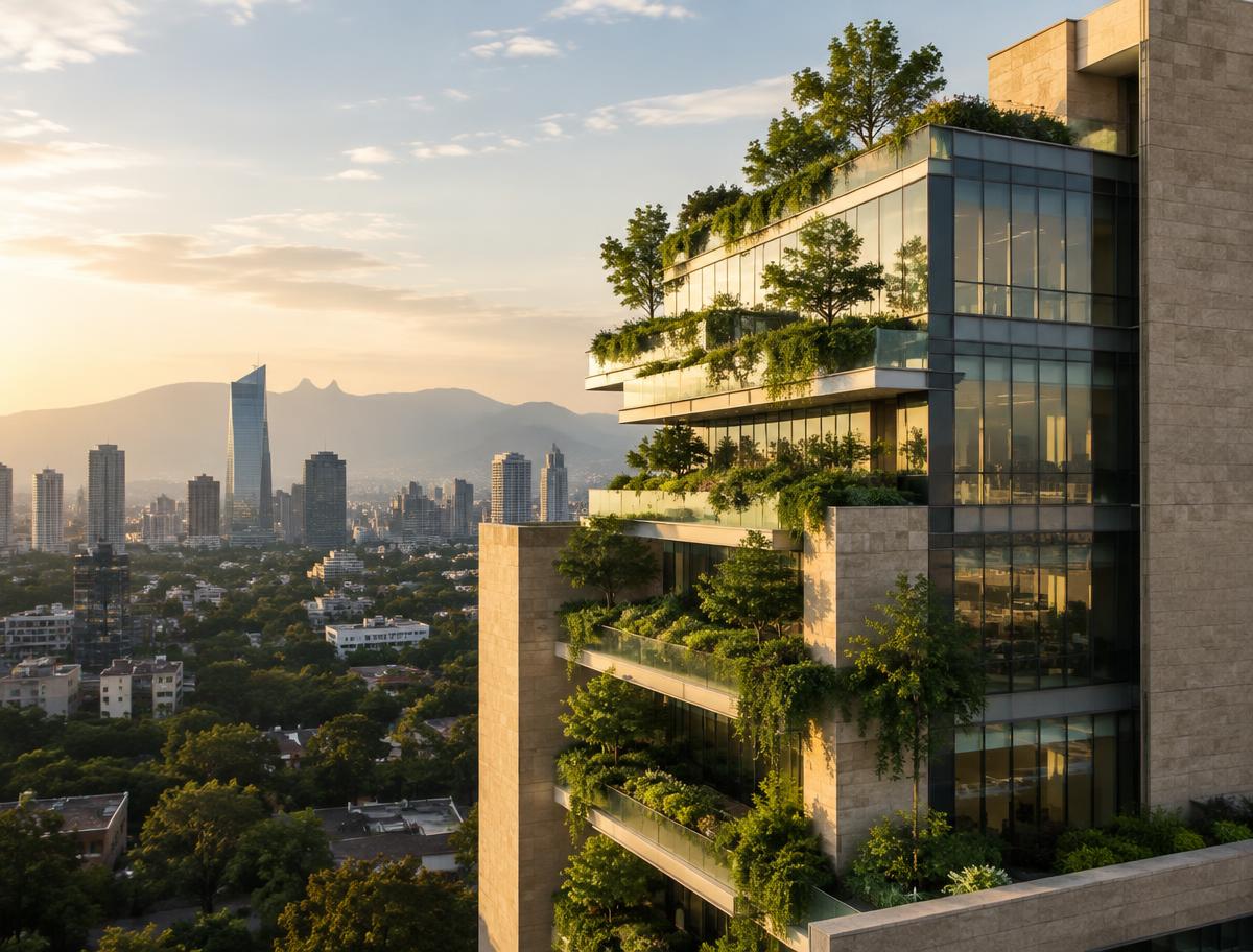 Arquitectura corporativa con terrazas verdes